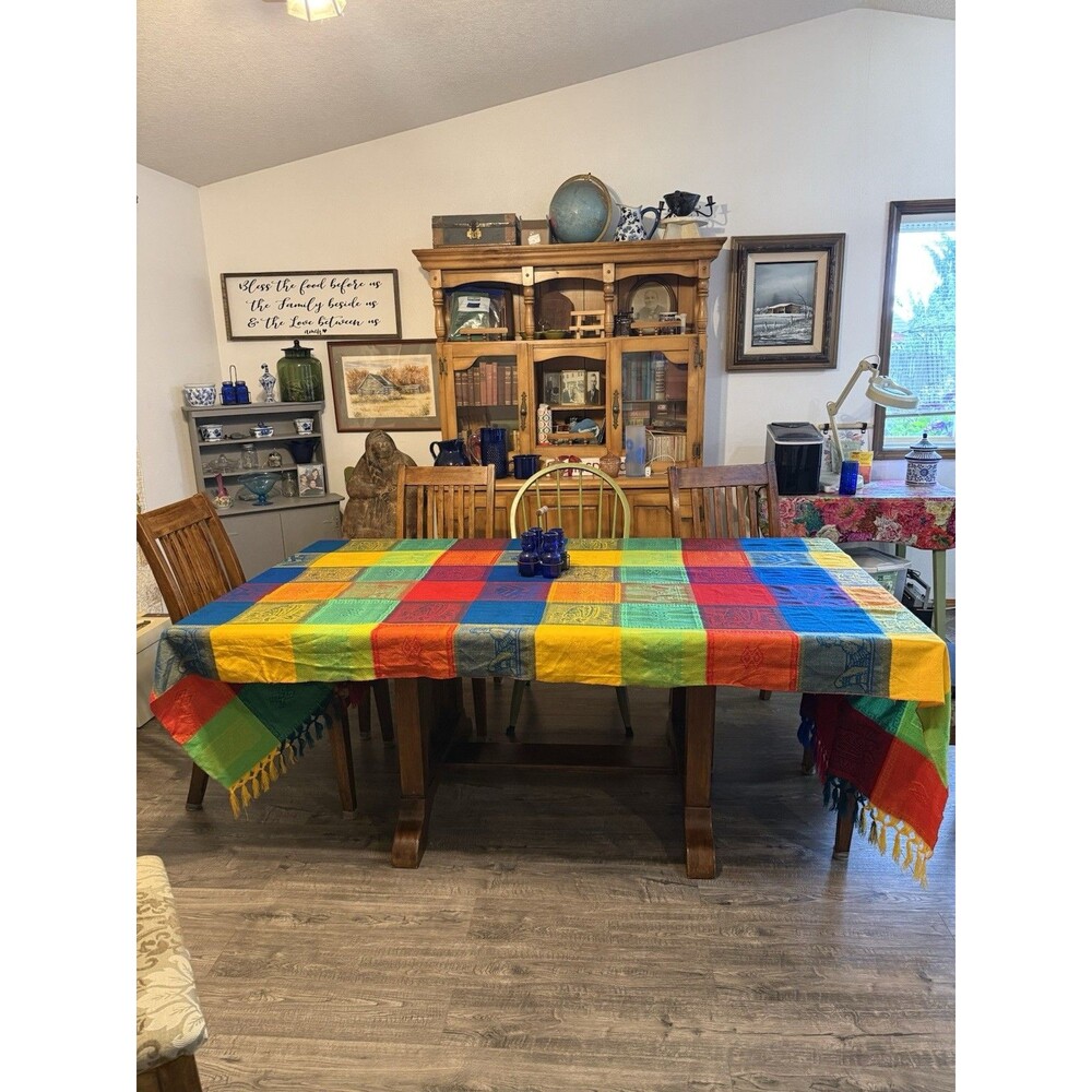 Vintage Handwoven Folk Art Tablecloth 55x117 Colorful Woven Textile Fringe Boho